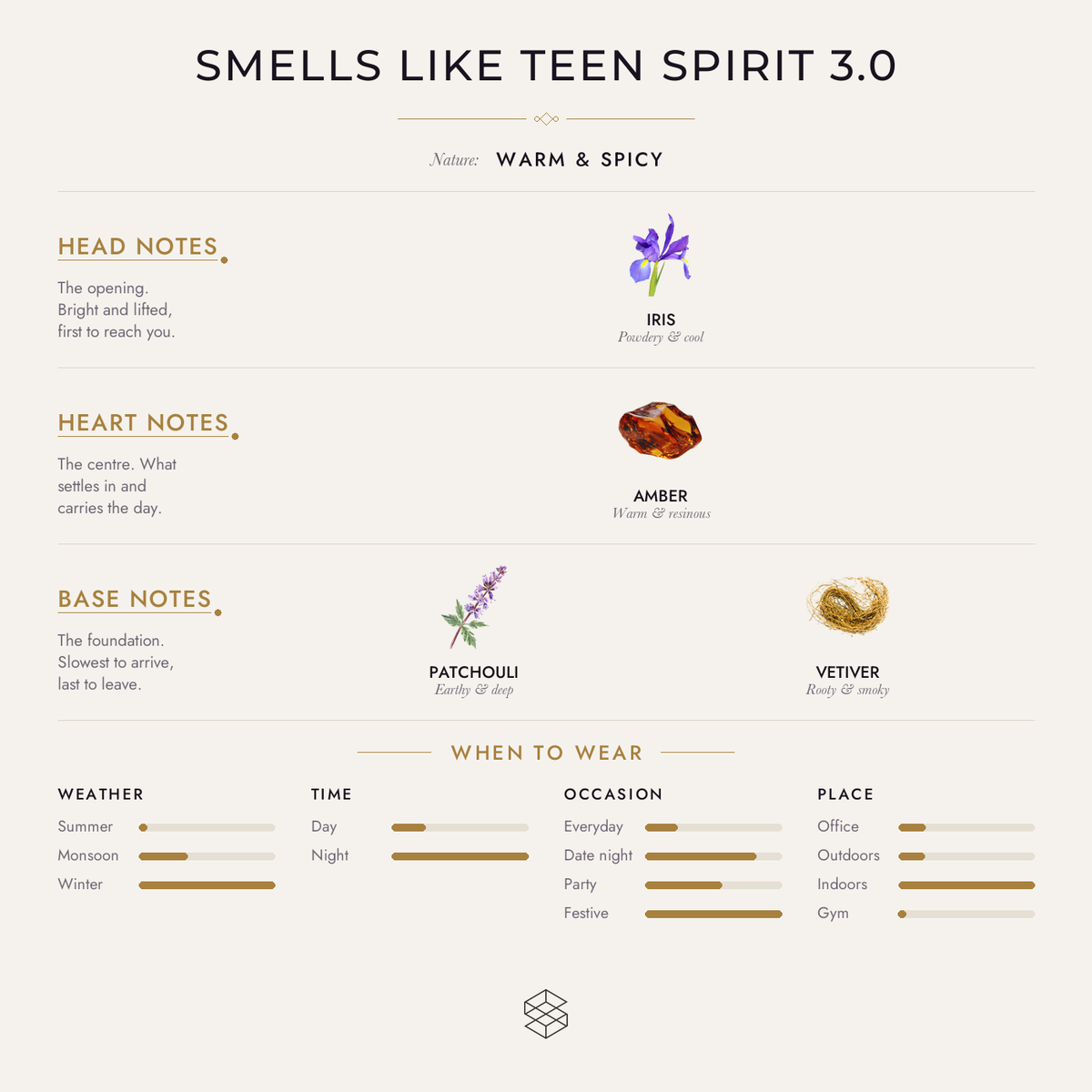 Smells Like Teen Spirit 3.0 scent notes: iris; amber; patchouli, vetiver