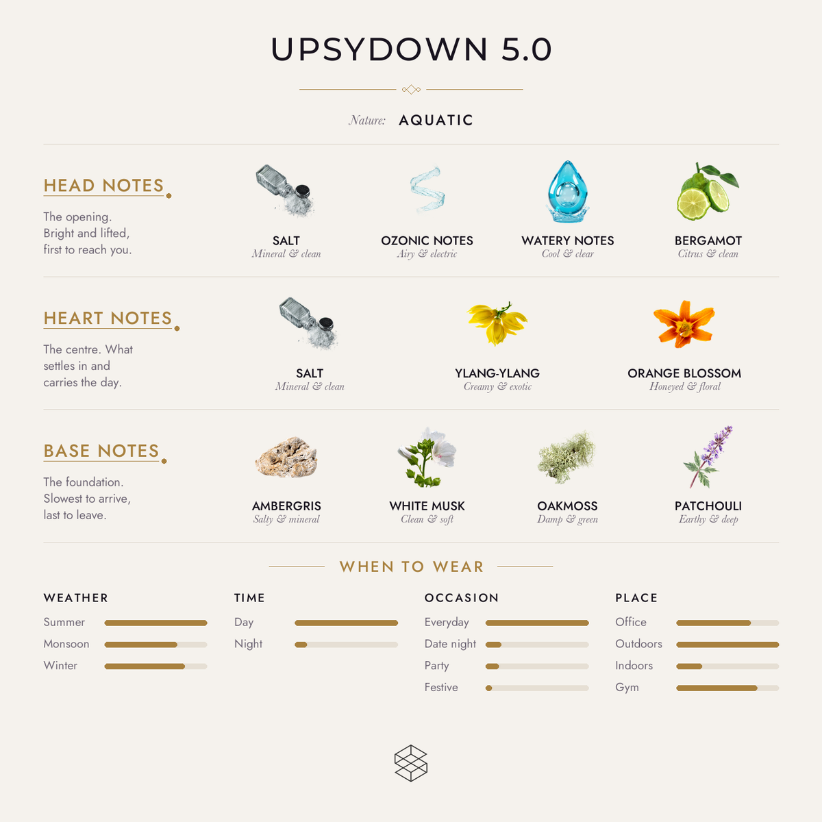 Upsydown 5.0 scent notes: salt, ozonic notes, watery notes; sea notes, salt, ylang-ylang; ambergris, algae, white musk