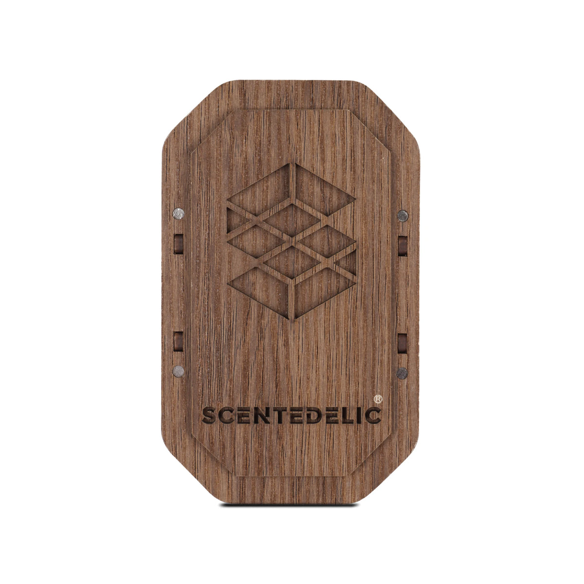 Scentedelic wooden box for one 50 ml bottle, closed, cube logo engraved on the lid