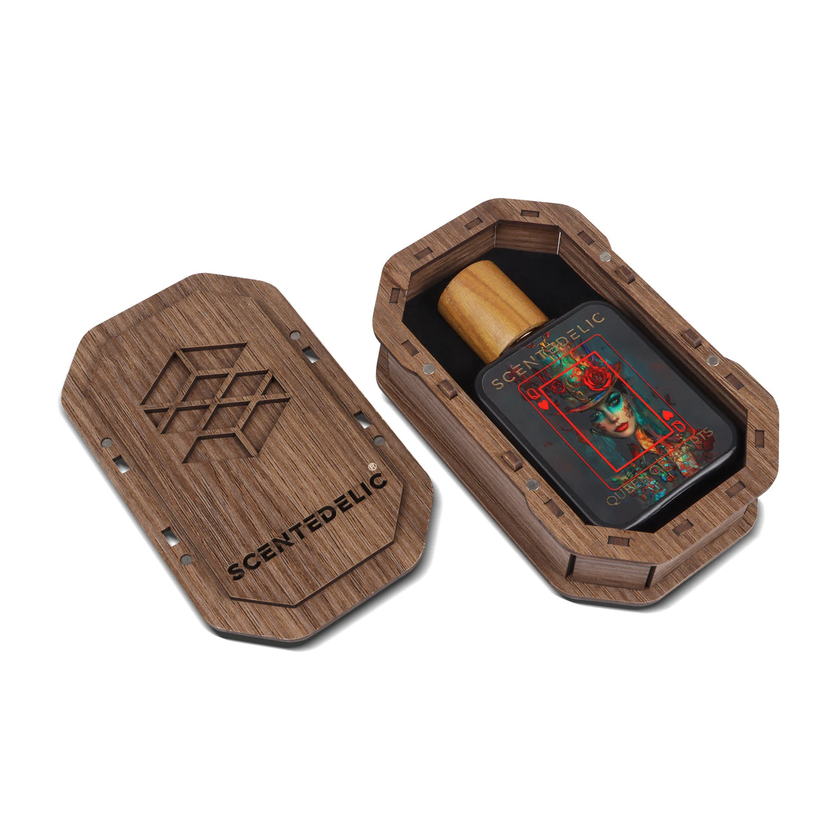 Scentedelic wooden box for one 50 ml bottle, eight-sided, open with the bottle inside